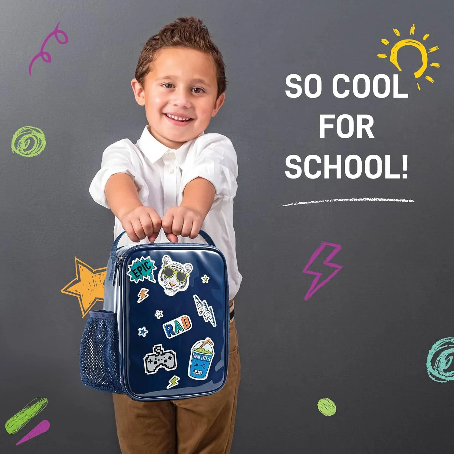 Fit   Fresh DIY Sticker Insulated Lunch Bag, Trendy Kids Lunch Box, Soft Lunch Cooler Bag, Perfect for School, Picnics, Trips & More, Navy