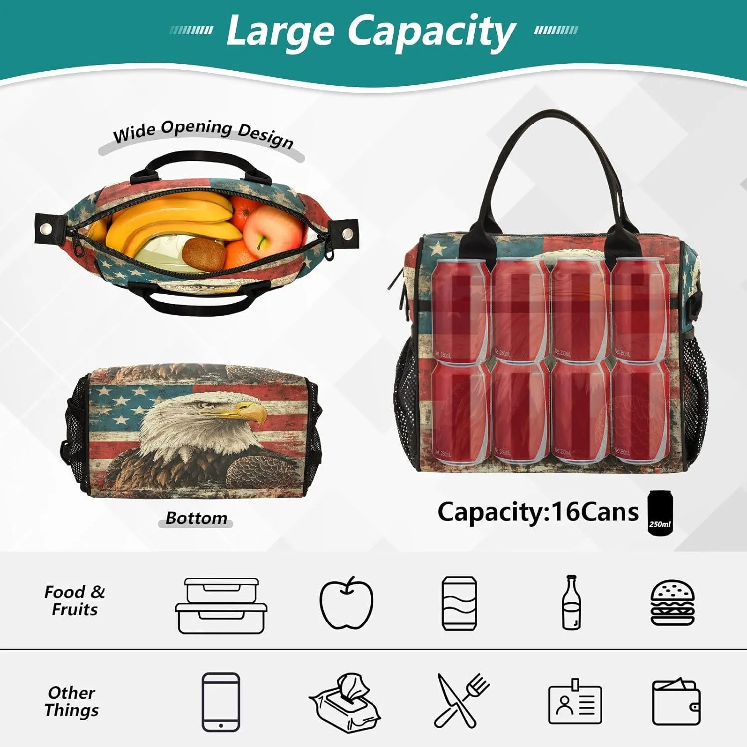 Flag Hawk Beige Lunch Bag for Women Insulated Reusable Lunch Box with Adjustable Shoulder Strap for Picnic Hiking S
