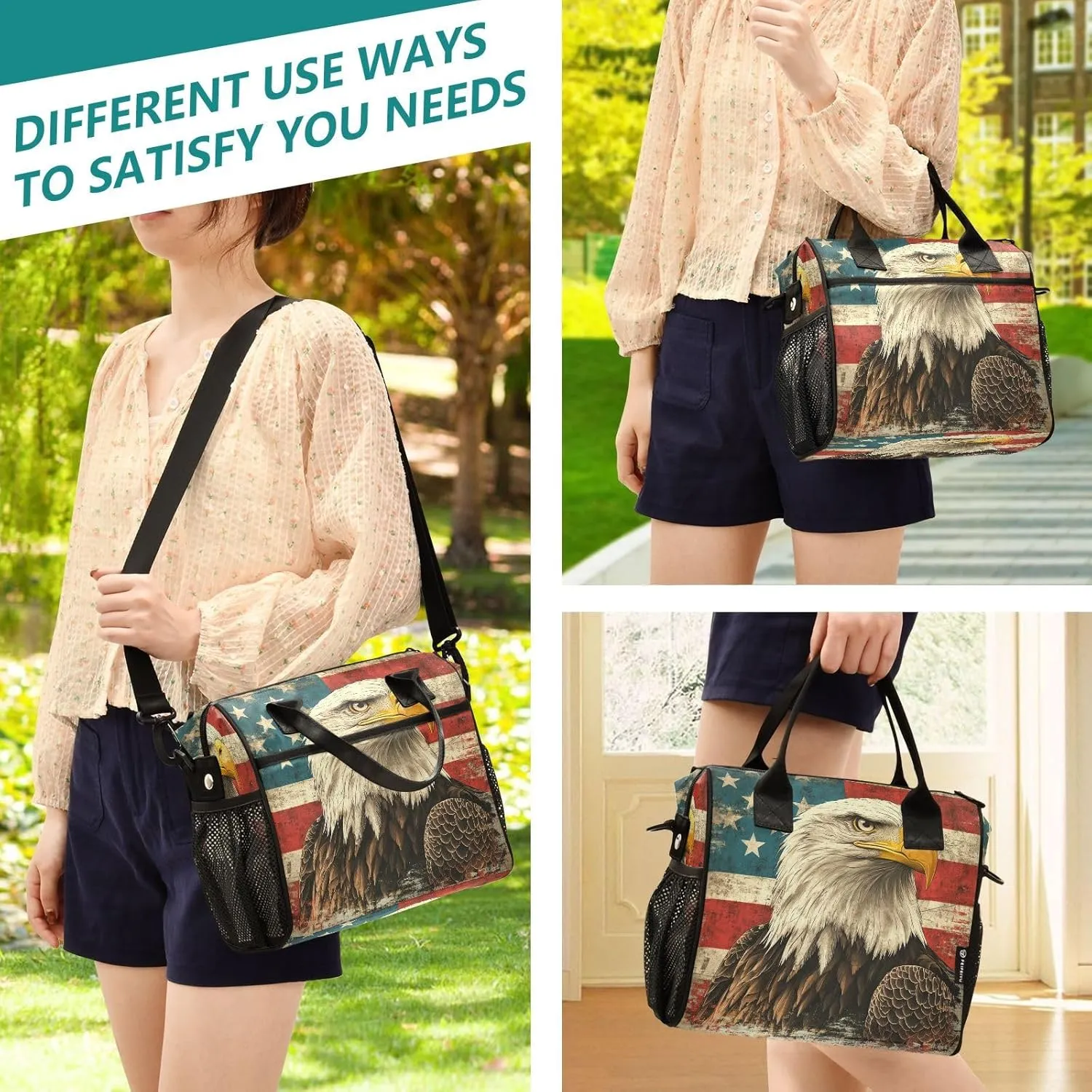 Flag Hawk Beige Lunch Bag for Women Insulated Reusable Lunch Box with Adjustable Shoulder Strap for Picnic Hiking S