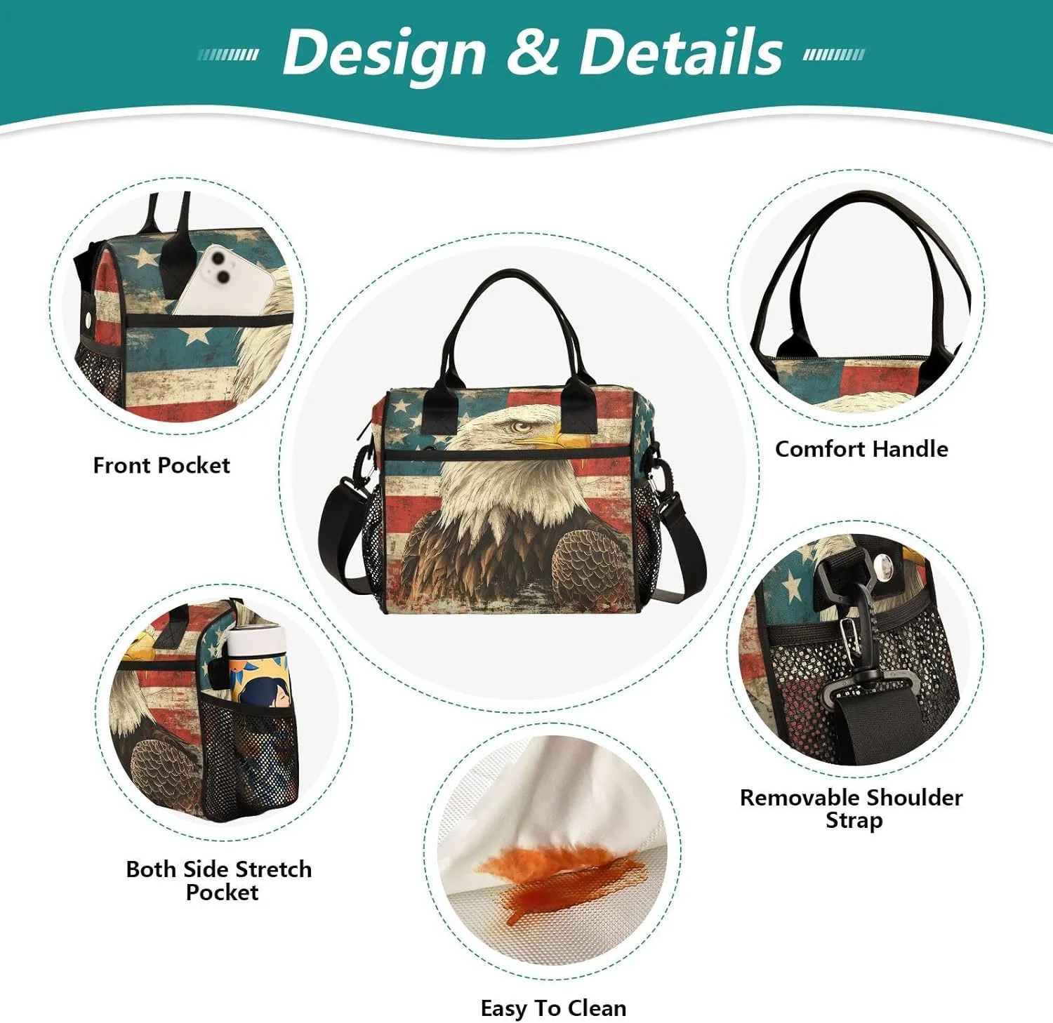 Flag Hawk Beige Lunch Bag for Women Insulated Reusable Lunch Box with Adjustable Shoulder Strap for Picnic Hiking S