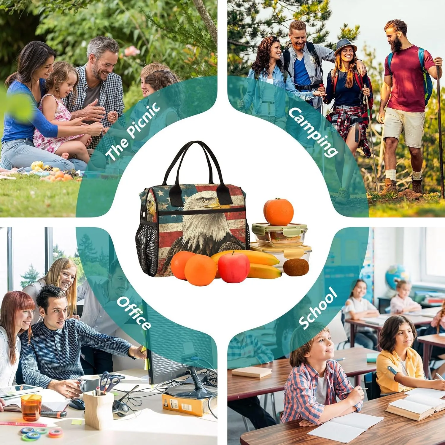 Flag Hawk Beige Lunch Bag for Women Insulated Reusable Lunch Box with Adjustable Shoulder Strap for Picnic Hiking S