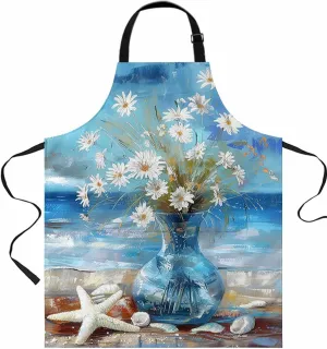 Floral Blue Waterproof Apron With Pockets,Abstract Coastal Daisy Painting Ocean Starfish Kitchen Chefs Bib Cooking BBQ Grill Bake Adjustable Aprons for Women Home Garden Grooming Painting Gardening