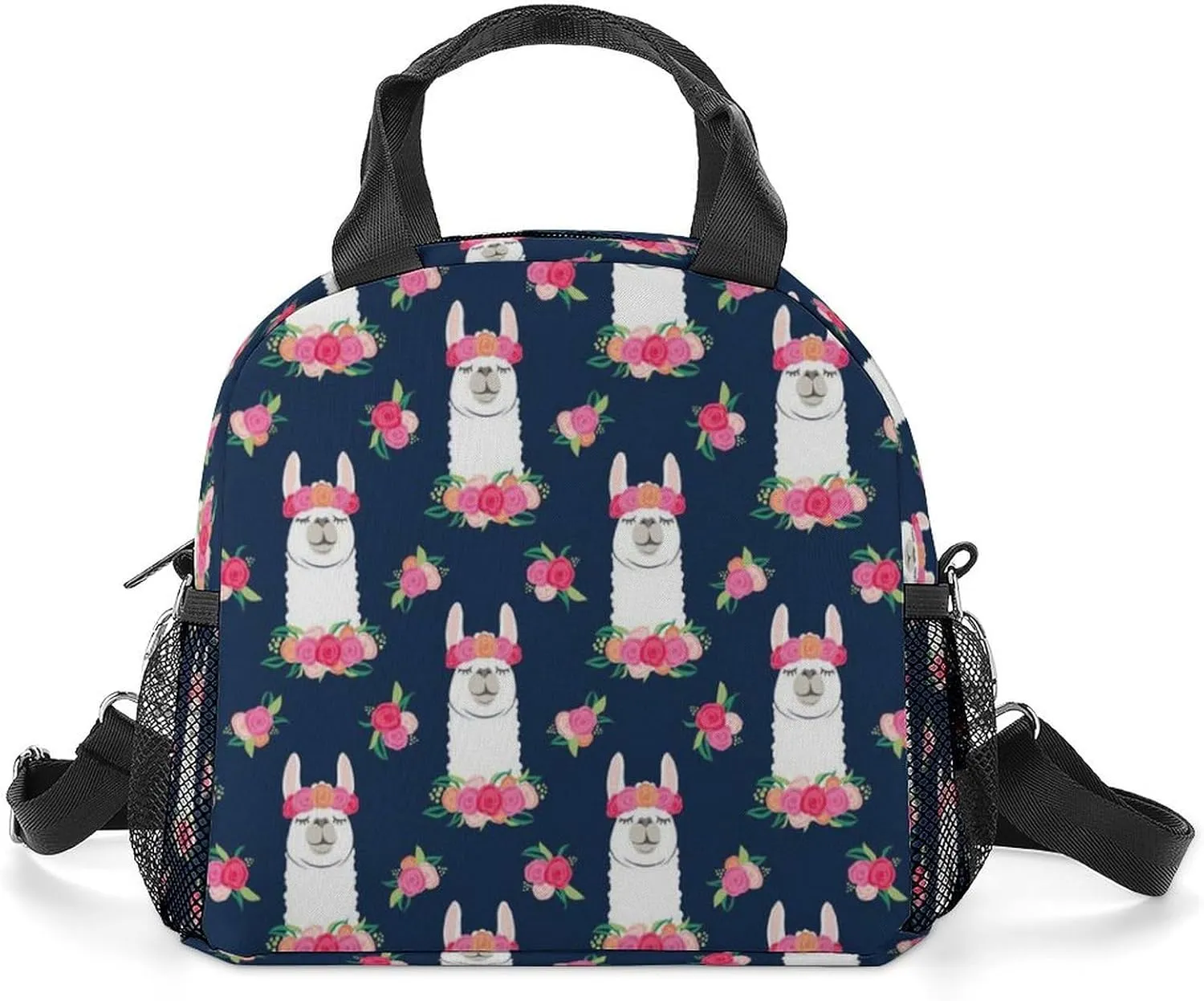 Floral Llama Alpaca Portable Lunch Box Crossbody Bag Tote Insulated with Adjustable Strap Work Beach Picnic