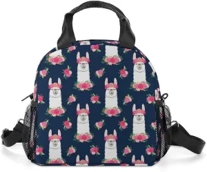Floral Llama Alpaca Portable Lunch Box Crossbody Bag Tote Insulated with Adjustable Strap Work Beach Picnic