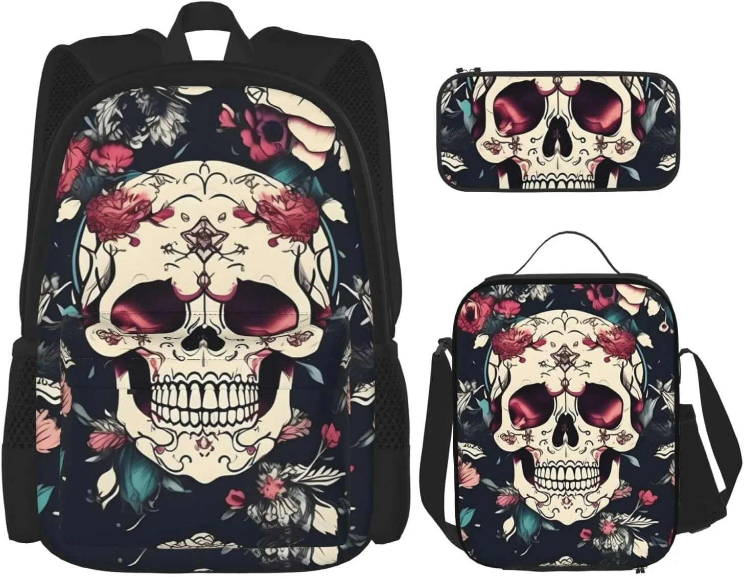 Flowers Skull Ornamental Pattern Print 3 In 1 Backpack Set With Lunch Bag And Pencil Case,Suitable Work,Picnic,Travel