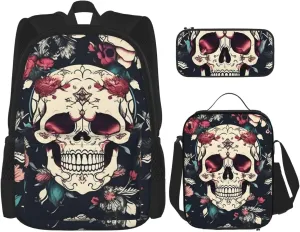 Flowers Skull Ornamental Pattern Print 3 In 1 Backpack Set With Lunch Bag And Pencil Case,Suitable Work,Picnic,Travel