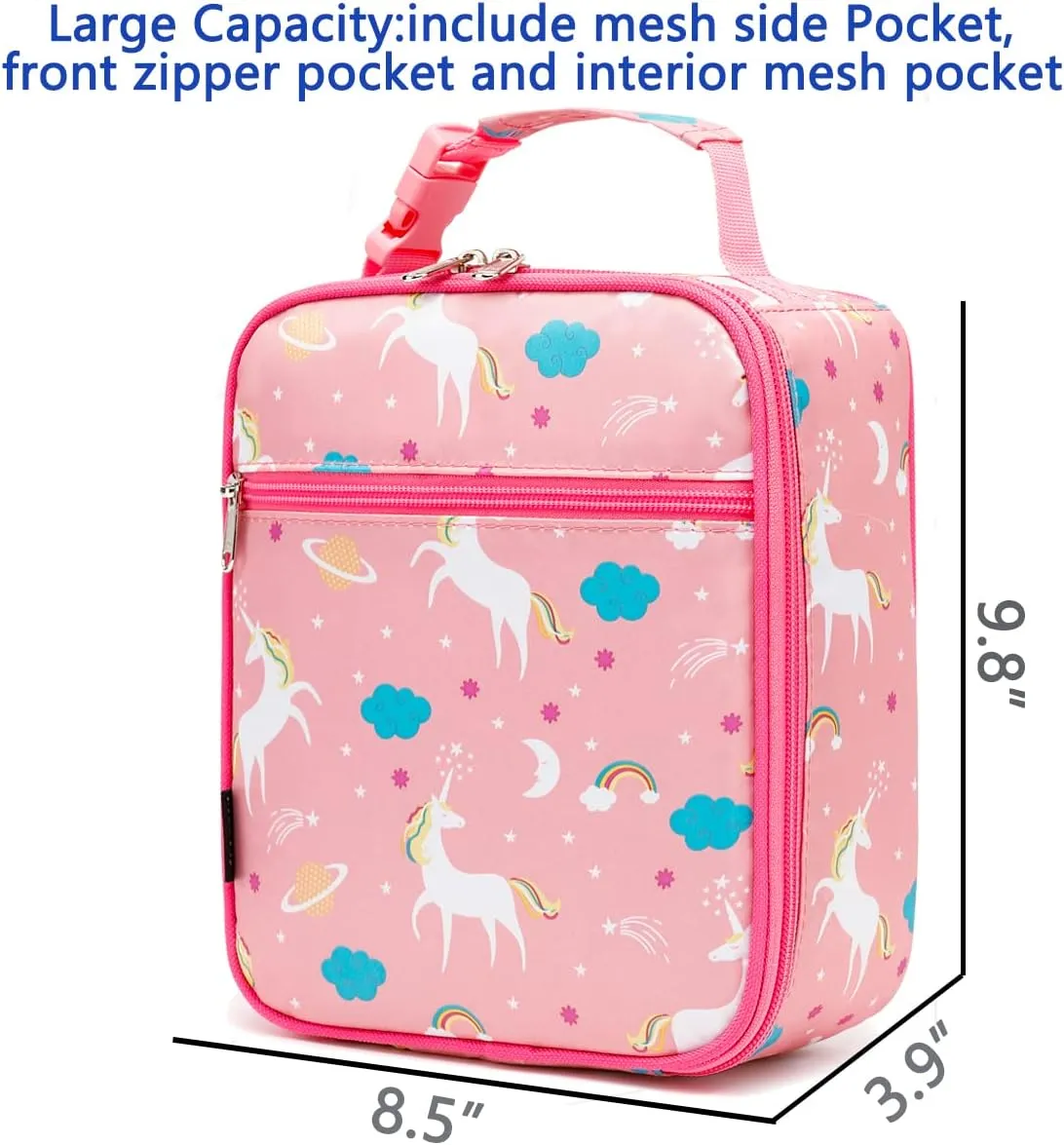 FlowFly Kids Lunch box Insulated Soft Bag Mini Cooler Back to School Thermal Meal Tote Kit for Girls, Boys, Unicorn