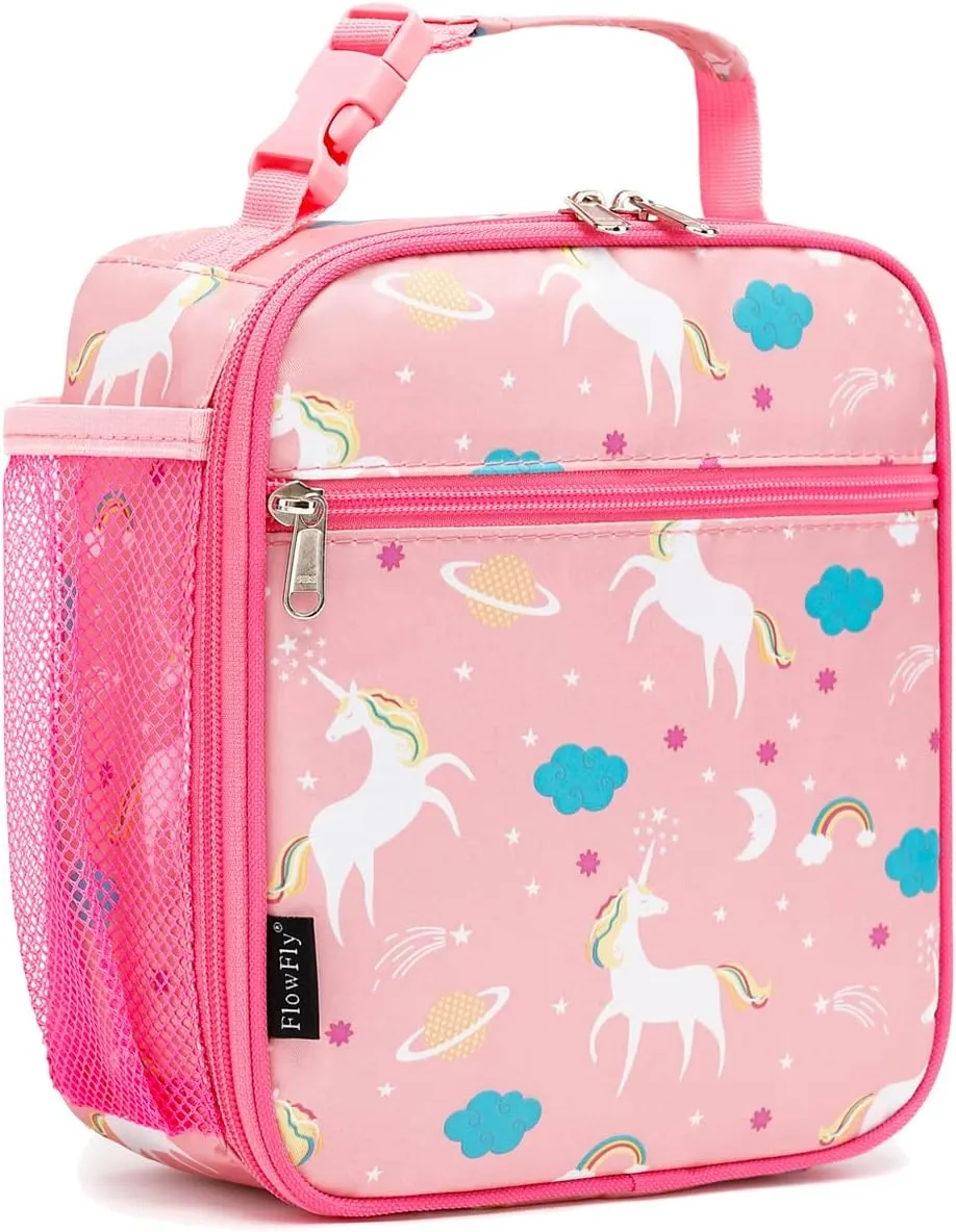 FlowFly Kids Lunch box Insulated Soft Bag Mini Cooler Back to School Thermal Meal Tote Kit for Girls, Boys, Unicorn