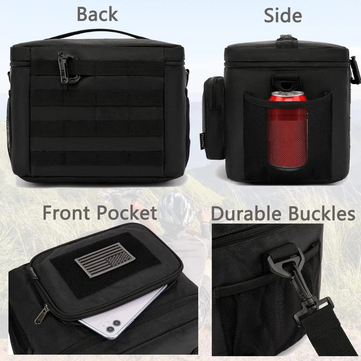 FlowFly Tactical Lunch Bag Large Insulated Lunch Box Cooler Tote for Men, Women with MOLLE/PALS Webbing (Black)