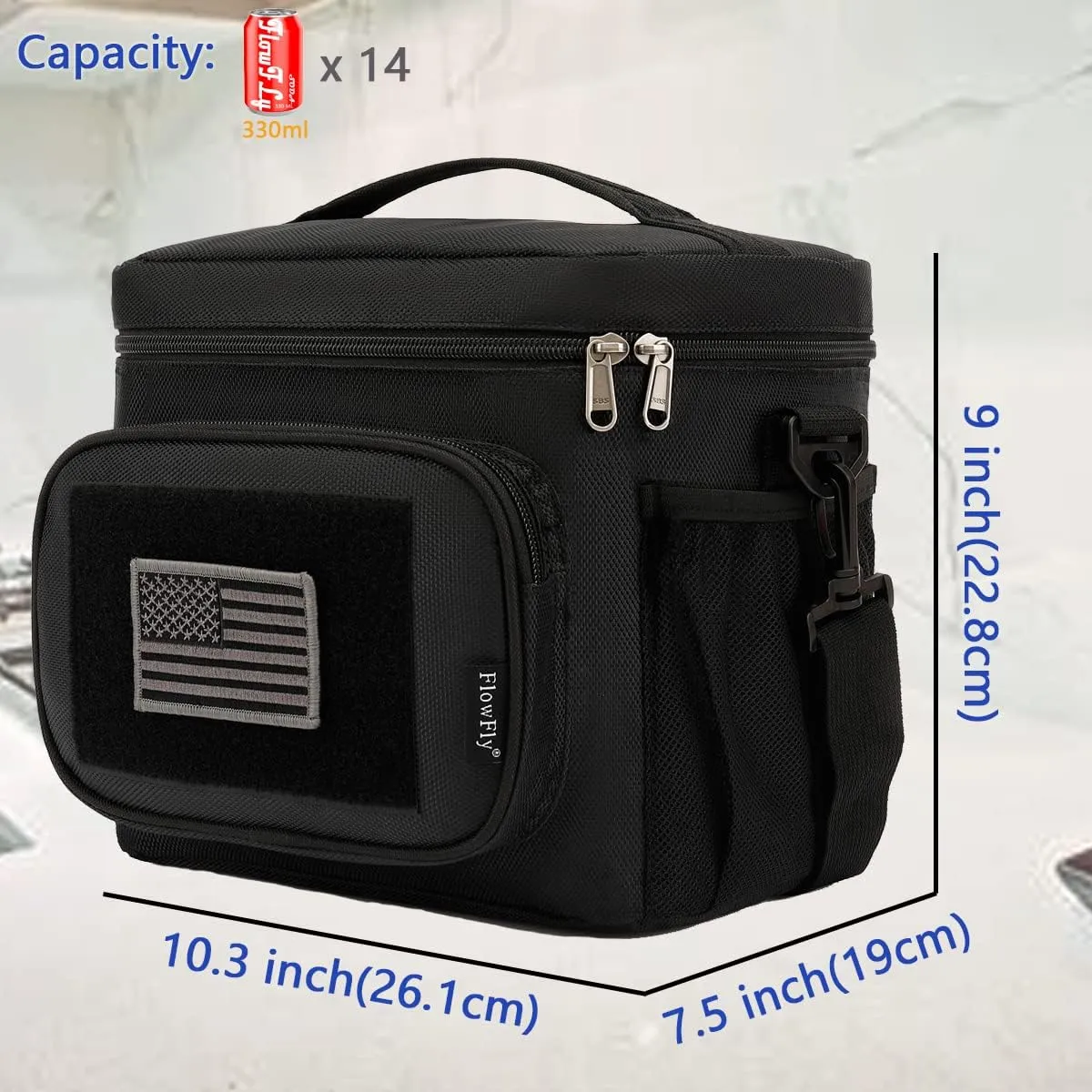 FlowFly Tactical Lunch Bag Large Insulated Lunch Box Cooler Tote for Men, Women with MOLLE/PALS Webbing (Black)
