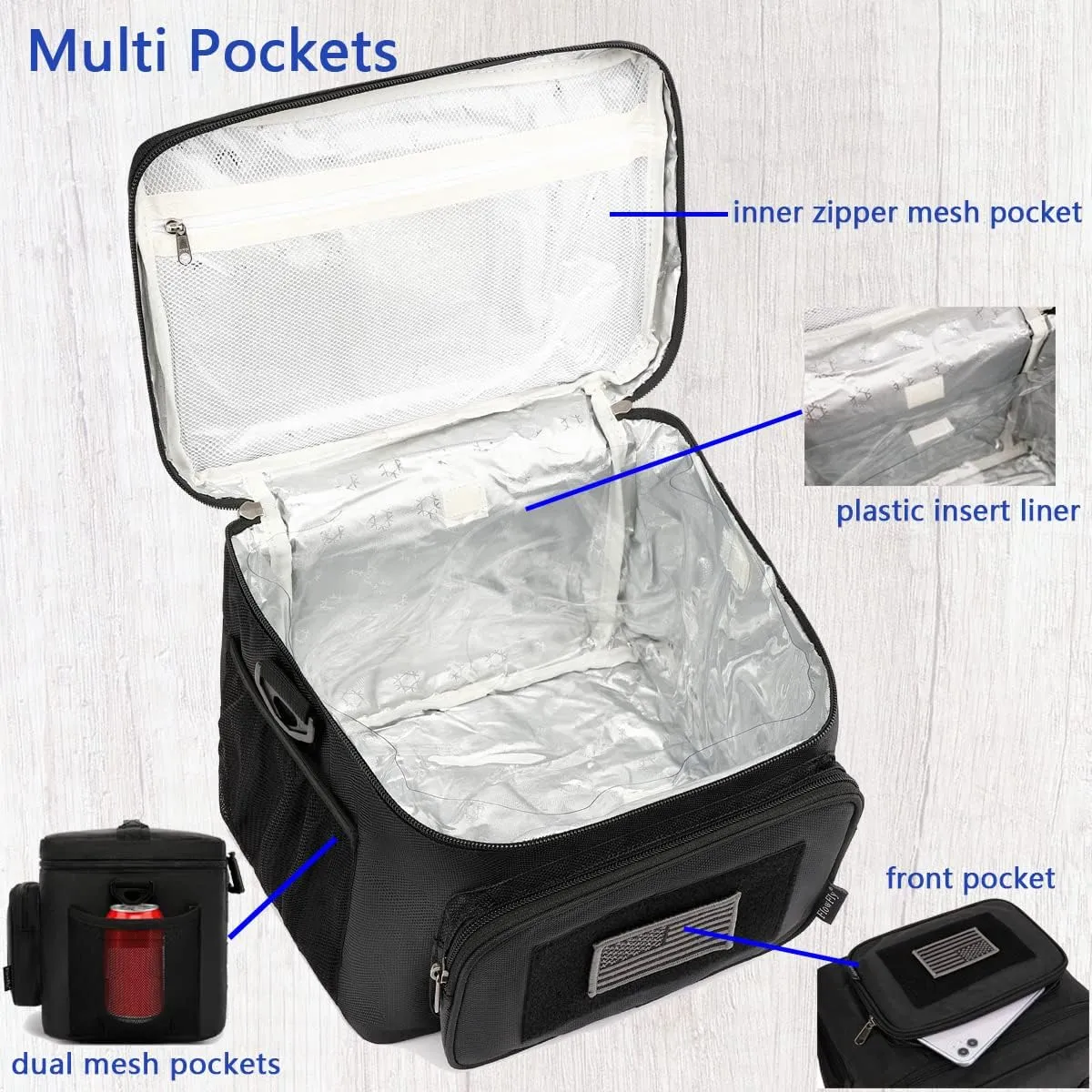 FlowFly Tactical Lunch Bag Large Insulated Lunch Box Cooler Tote for Men, Women with MOLLE/PALS Webbing (Black)