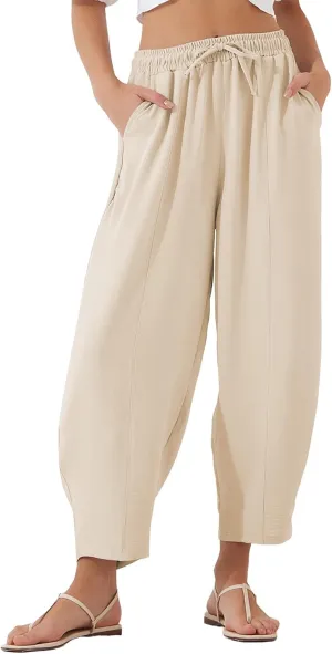 Flygo Women's Wide Leg Baggy Pants Casual Elastic High Waisted Palazzo Harem Slacks Ankle Length Loose Trousers with Pockets