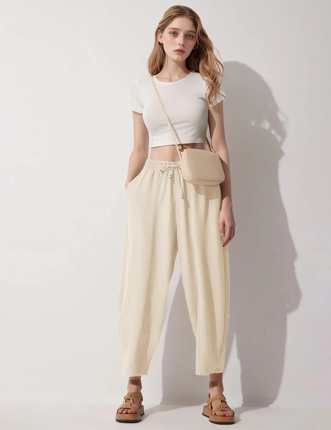 Flygo Women's Wide Leg Baggy Pants Casual Elastic High Waisted Palazzo Harem Slacks Ankle Length Loose Trousers with Pockets