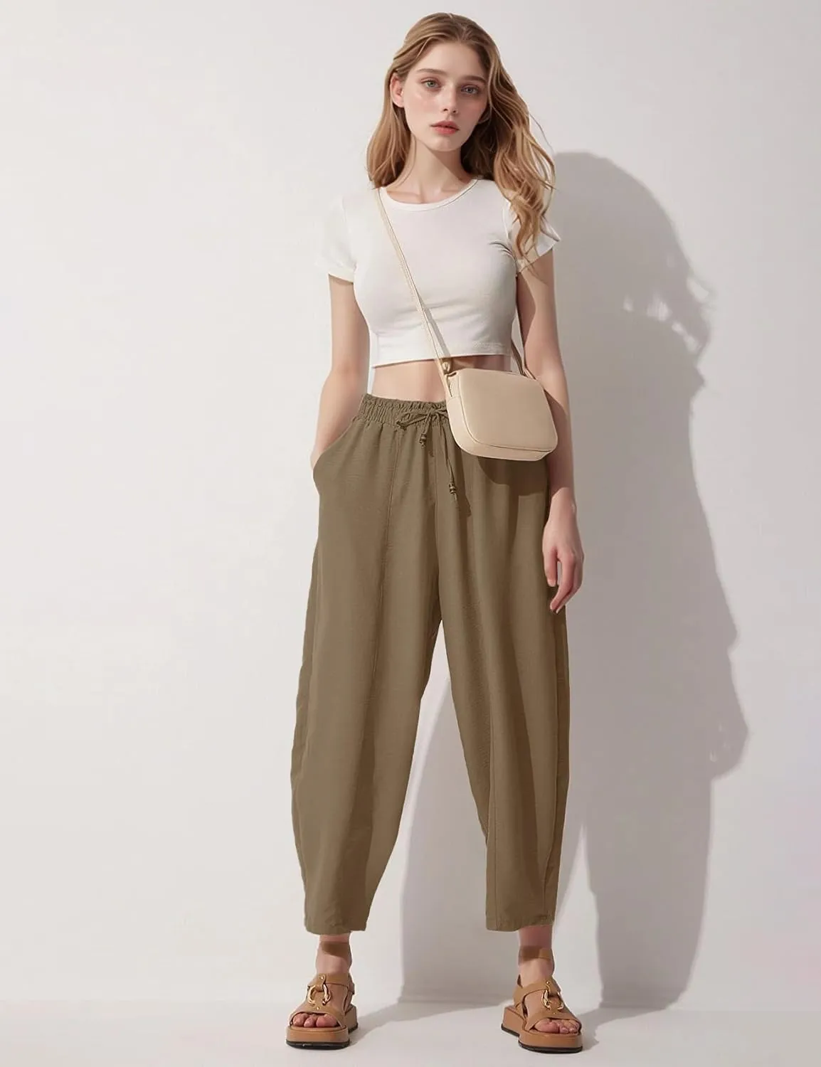 Flygo Women's Wide Leg Baggy Pants Casual Elastic High Waisted Palazzo Harem Slacks Ankle Length Loose Trousers with Pockets
