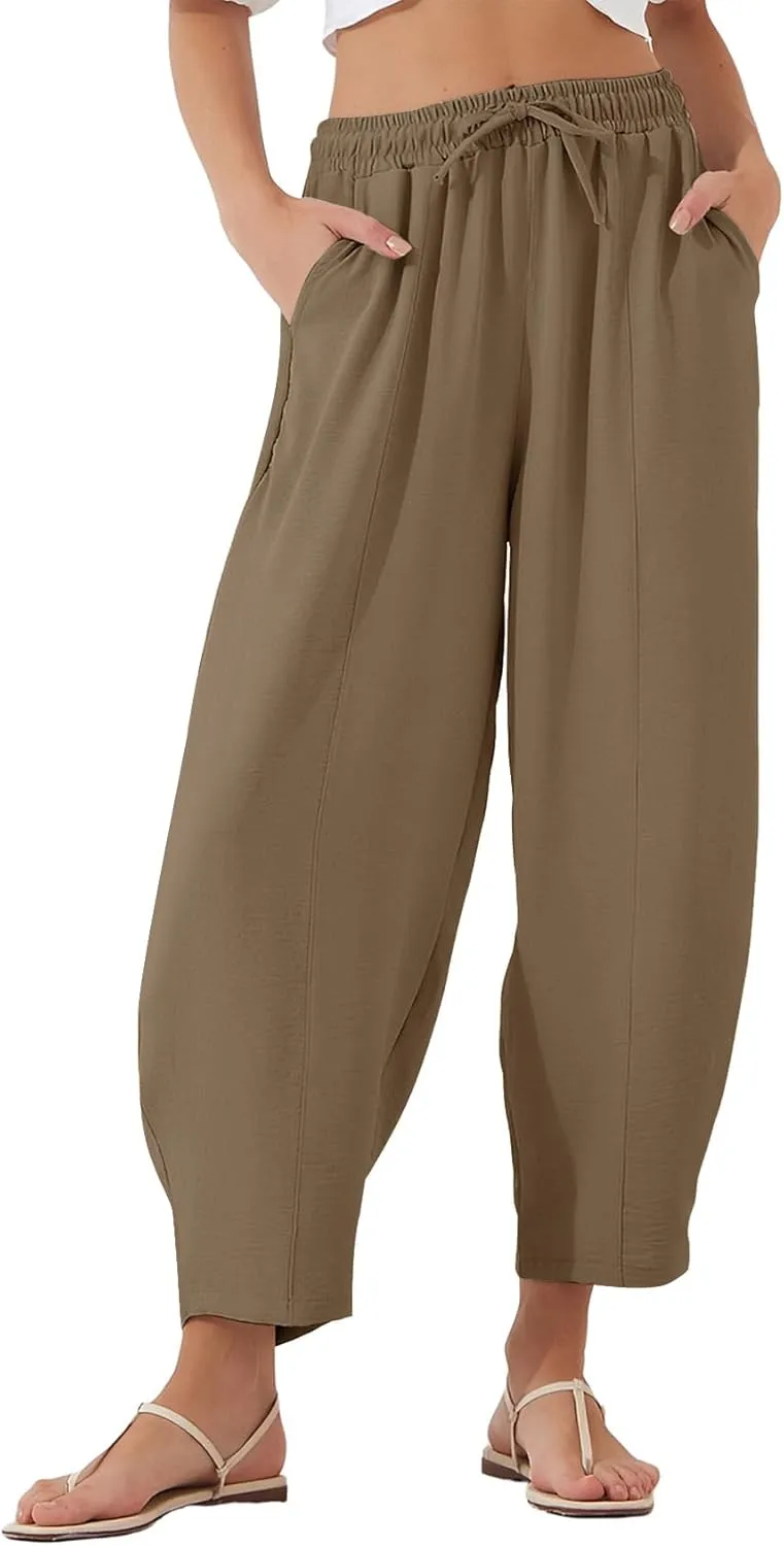 Flygo Women's Wide Leg Baggy Pants Casual Elastic High Waisted Palazzo Harem Slacks Ankle Length Loose Trousers with Pockets