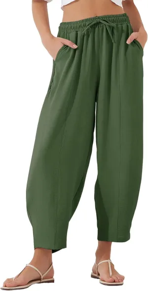 Flygo Women's Wide Leg Baggy Pants Casual Elastic High Waisted Palazzo Harem Slacks Ankle Length Loose Trousers with Pockets