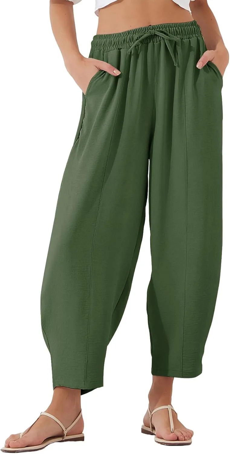 Flygo Women's Wide Leg Baggy Pants Casual Elastic High Waisted Palazzo Harem Slacks Ankle Length Loose Trousers with Pockets