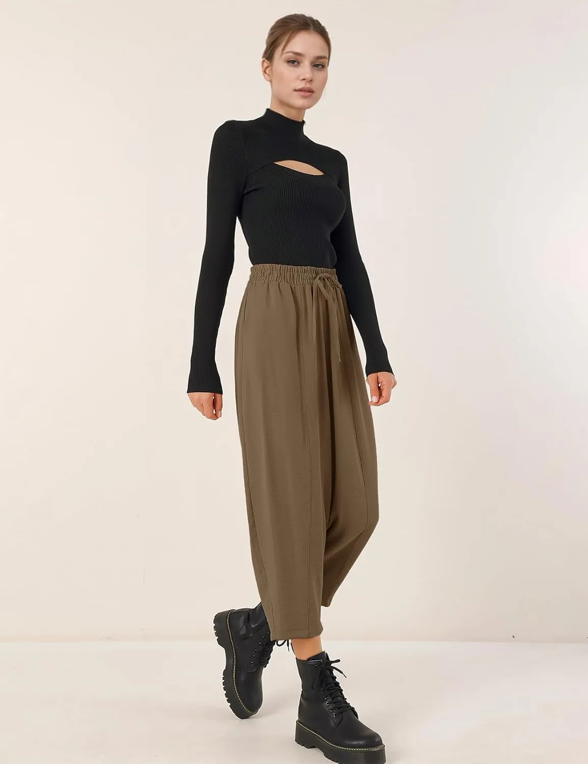 Flygo Women's Wide Leg Baggy Pants Casual Elastic High Waisted Palazzo Harem Slacks Ankle Length Loose Trousers with Pockets