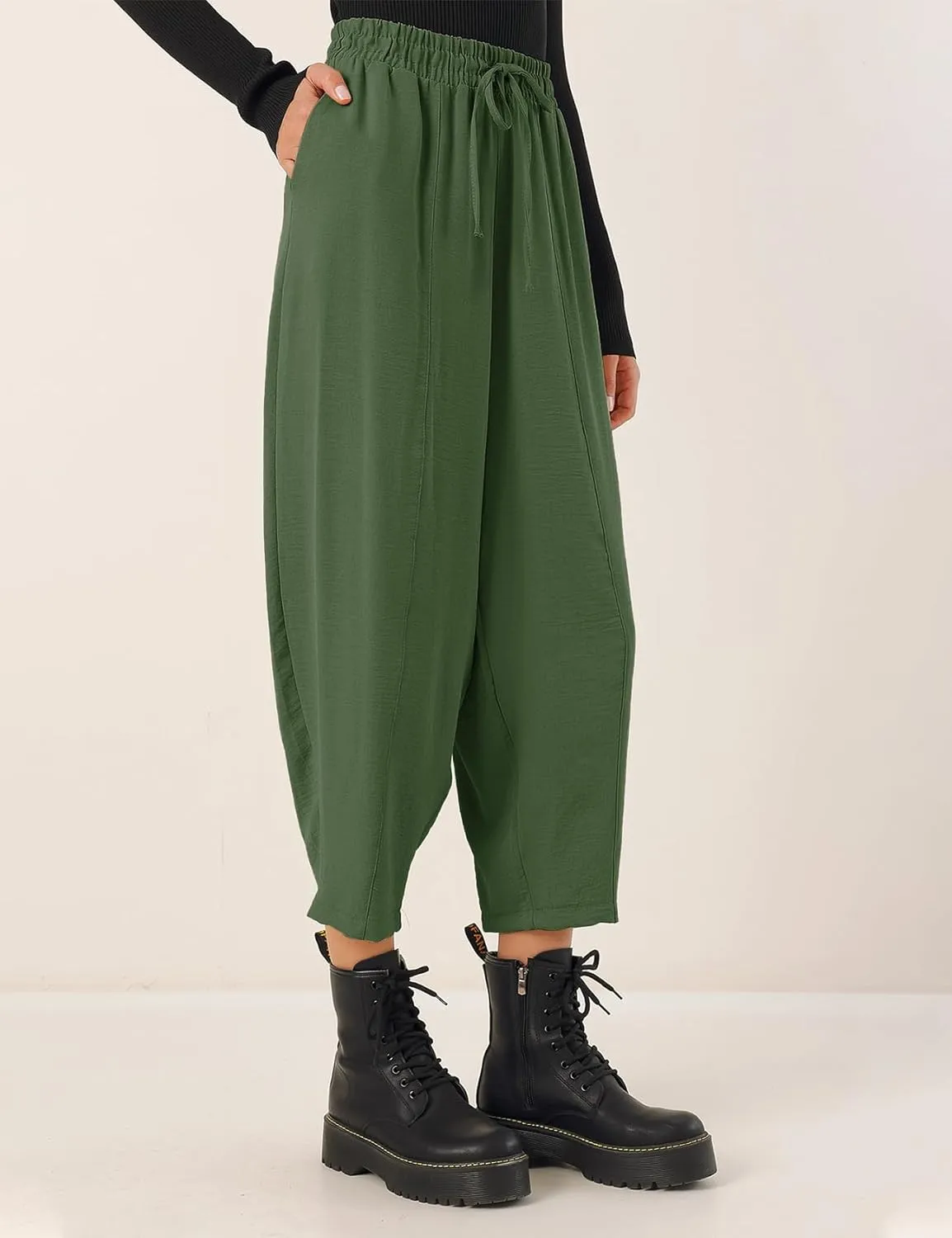 Flygo Women's Wide Leg Baggy Pants Casual Elastic High Waisted Palazzo Harem Slacks Ankle Length Loose Trousers with Pockets