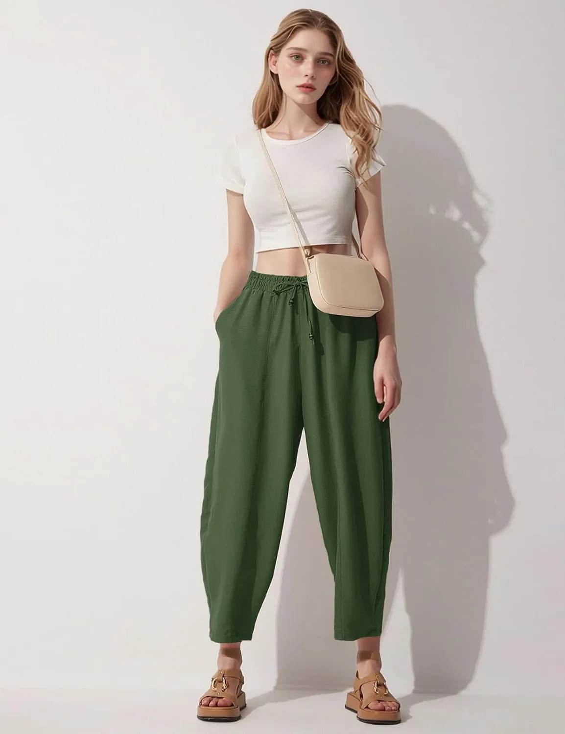 Flygo Women's Wide Leg Baggy Pants Casual Elastic High Waisted Palazzo Harem Slacks Ankle Length Loose Trousers with Pockets