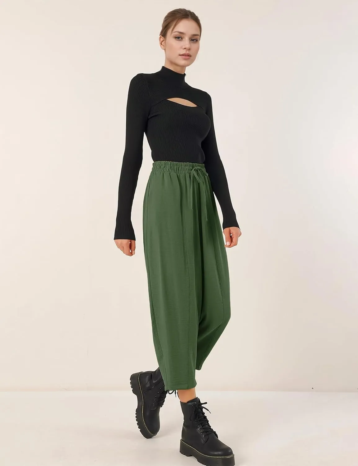 Flygo Women's Wide Leg Baggy Pants Casual Elastic High Waisted Palazzo Harem Slacks Ankle Length Loose Trousers with Pockets