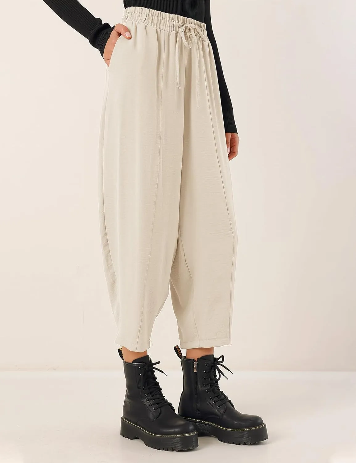Flygo Women's Wide Leg Baggy Pants Casual Elastic High Waisted Palazzo Harem Slacks Ankle Length Loose Trousers with Pockets