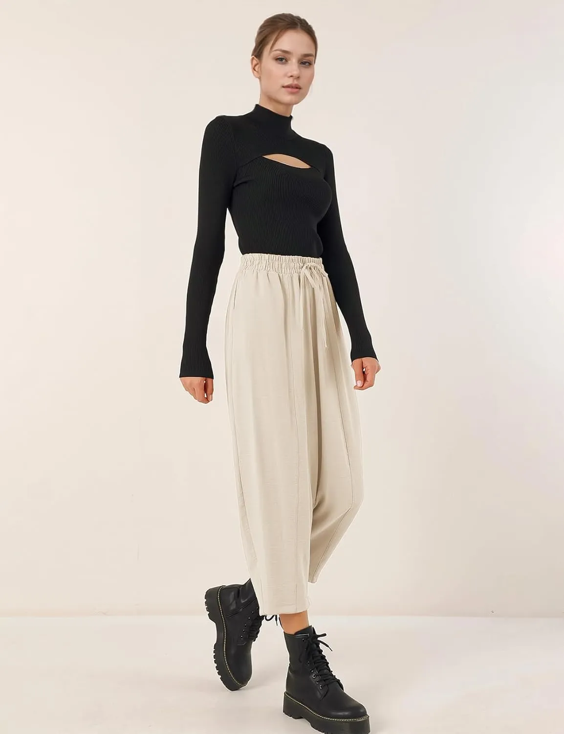 Flygo Women's Wide Leg Baggy Pants Casual Elastic High Waisted Palazzo Harem Slacks Ankle Length Loose Trousers with Pockets