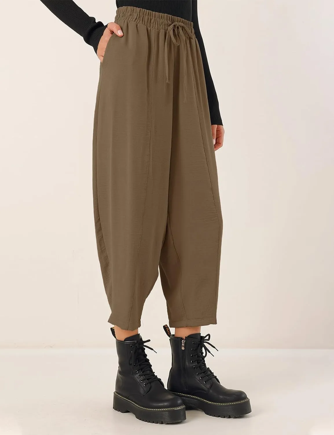 Flygo Women's Wide Leg Baggy Pants Casual Elastic High Waisted Palazzo Harem Slacks Ankle Length Loose Trousers with Pockets