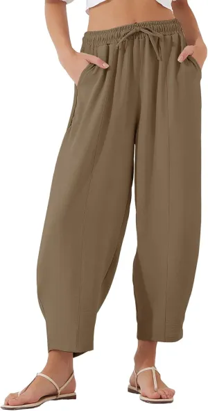 Flygo Women's Wide Leg Baggy Pants Casual Elastic High Waisted Palazzo Harem Slacks Ankle Length Loose Trousers with Pockets