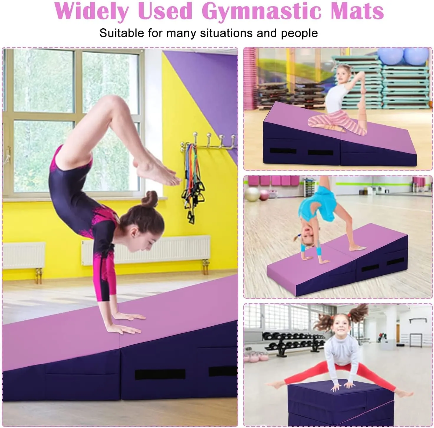 Folding Incline Gymnastics Mat for Tumbling, Folding Tumbling Mats Cheese Wedge Incline Mat with Non-Slip PU Leather Surface & Handles, Gym Fitness Tumbling Matts for Kids Girls Home Training Exercise