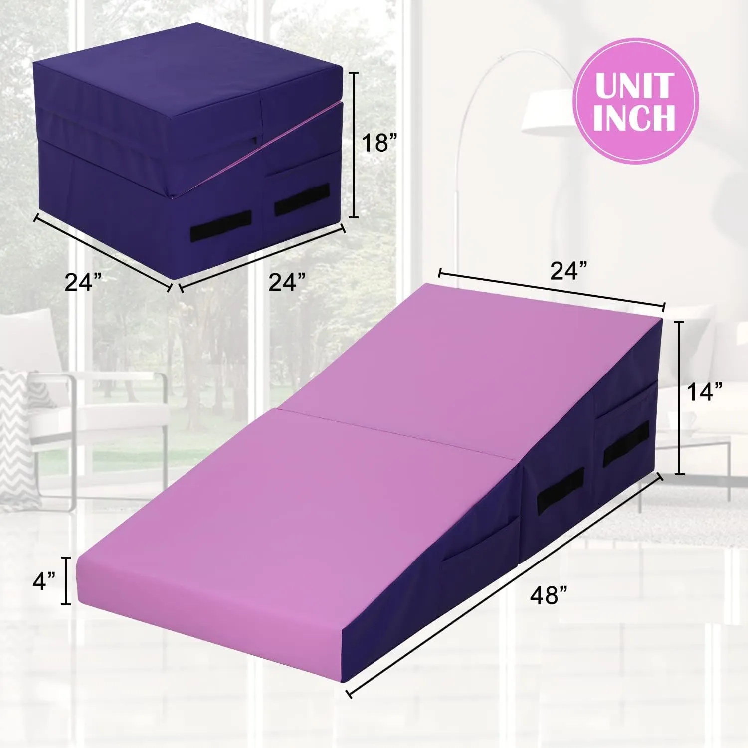 Folding Incline Gymnastics Mat for Tumbling, Folding Tumbling Mats Cheese Wedge Incline Mat with Non-Slip PU Leather Surface & Handles, Gym Fitness Tumbling Matts for Kids Girls Home Training Exercise