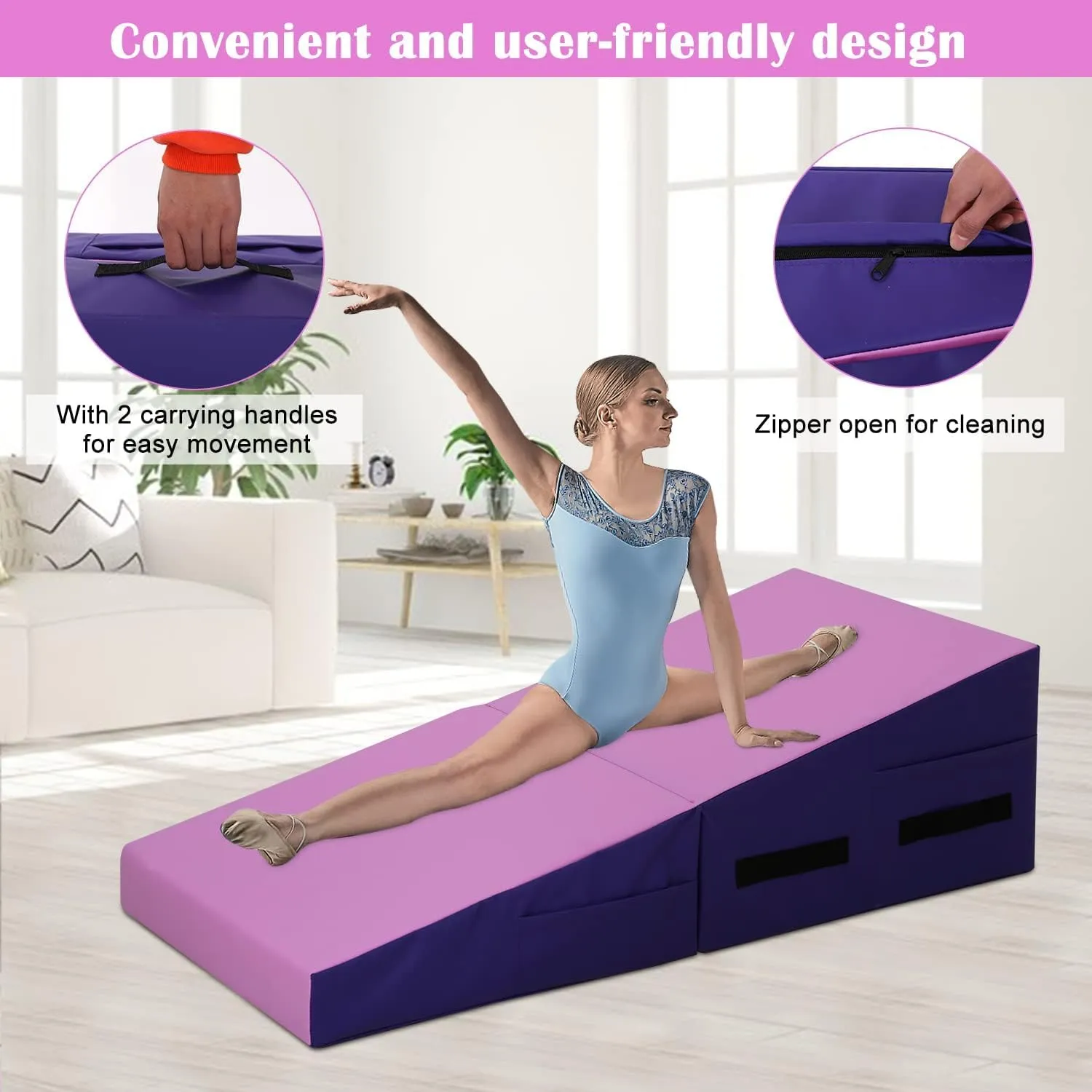 Folding Incline Gymnastics Mat for Tumbling, Folding Tumbling Mats Cheese Wedge Incline Mat with Non-Slip PU Leather Surface & Handles, Gym Fitness Tumbling Matts for Kids Girls Home Training Exercise