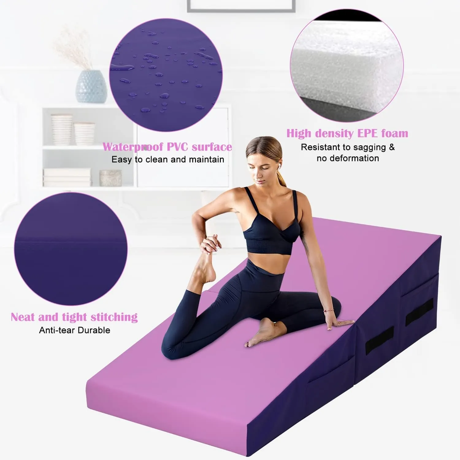 Folding Incline Gymnastics Mat for Tumbling, Folding Tumbling Mats Cheese Wedge Incline Mat with Non-Slip PU Leather Surface & Handles, Gym Fitness Tumbling Matts for Kids Girls Home Training Exercise