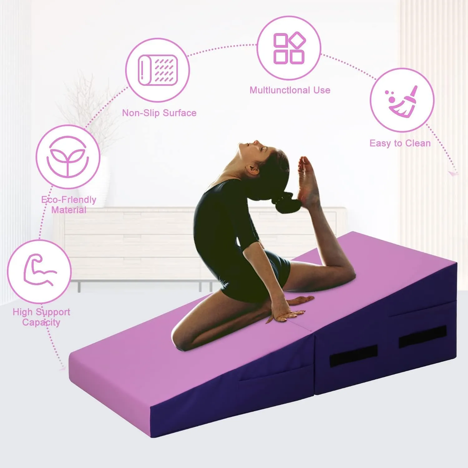 Folding Incline Gymnastics Mat for Tumbling, Folding Tumbling Mats Cheese Wedge Incline Mat with Non-Slip PU Leather Surface & Handles, Gym Fitness Tumbling Matts for Kids Girls Home Training Exercise