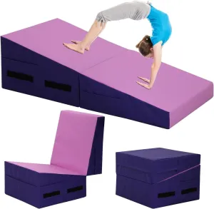Folding Incline Gymnastics Mat for Tumbling, Folding Tumbling Mats Cheese Wedge Incline Mat with Non-Slip PU Leather Surface & Handles, Gym Fitness Tumbling Matts for Kids Girls Home Training Exercise