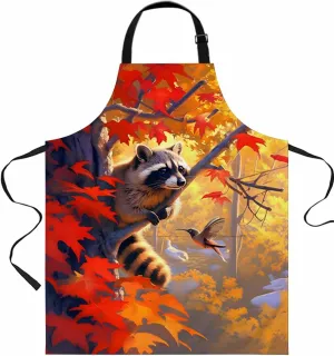 Forest Fall Raccoon Waterproof Apron With Pockets,Autumn Bird Maple Trees Maple Leaves Kitchen Chefs Bib Cooking BBQ Grill Bake Adjustable Aprons for Women/Kids Home Garden Grooming Painting Gardening