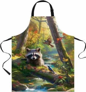 Forest Raccoon Waterproof Apron With Pockets,Animal Bird Mountains Tree Natural Landscape Kitchen Chefs Bib Cooking BBQ Grill Bake Adjustable Aprons for Women Home Garden Grooming Painting Gardening