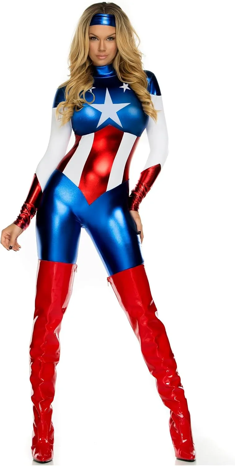 Forplay Women's Petite Star Spangled Hero Catsuit with Stripe Waist and Headband
