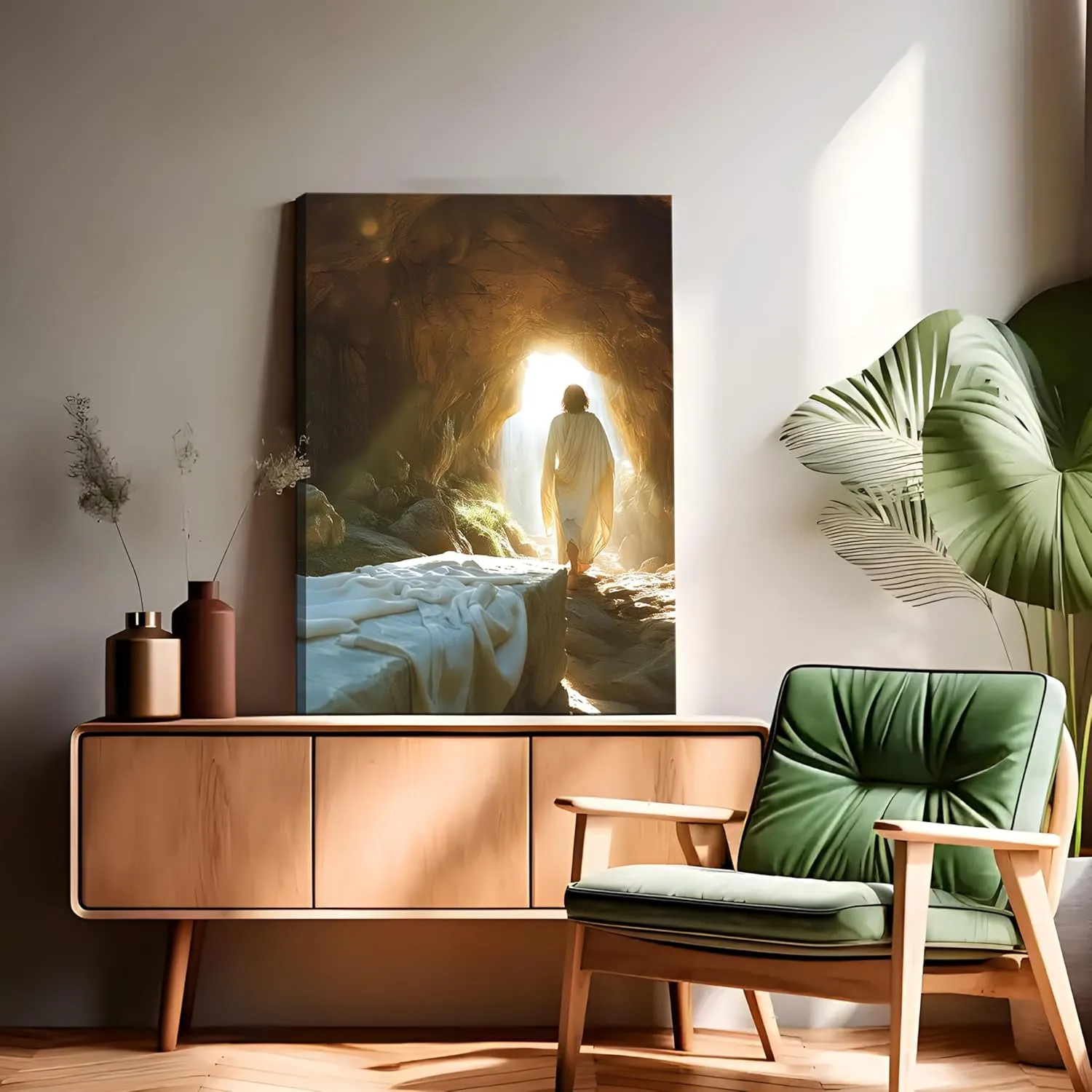 Framed Jesus Canvas Wall Art, Christian Jesus Leaves the Tomb Wall Decor Paintings, Religion Bible Resurrection Savior Posters Prints Pictures for Church Prayer Room Living Room Home Decor 12x16 Inch