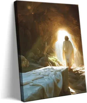 Framed Jesus Canvas Wall Art, Christian Jesus Leaves the Tomb Wall Decor Paintings, Religion Bible Resurrection Savior Posters Prints Pictures for Church Prayer Room Living Room Home Decor 12x16 Inch
