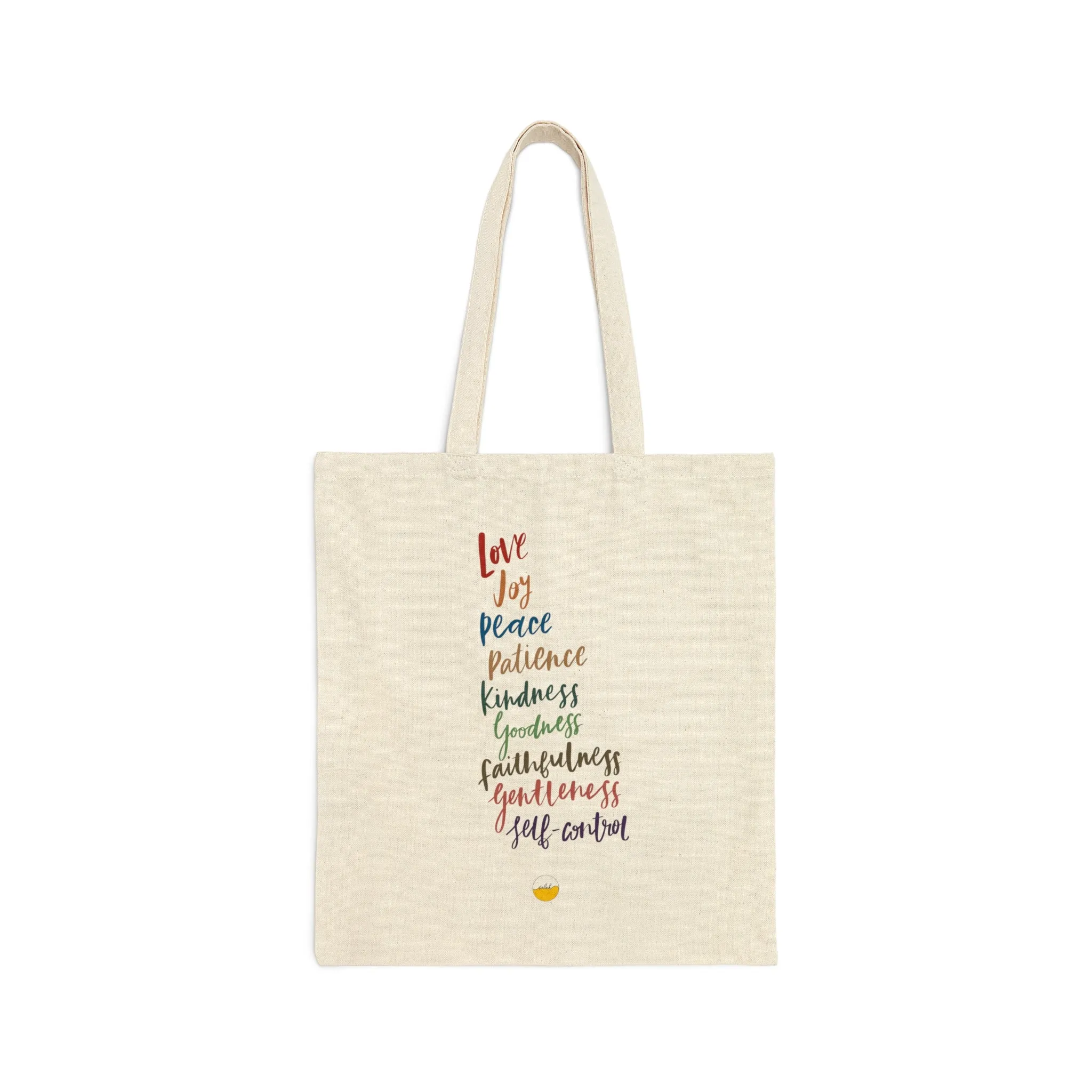 Fruit of the Spirit Hand lettered Cotton Canvas Tote Bag, Galatians Bible Verse Bag