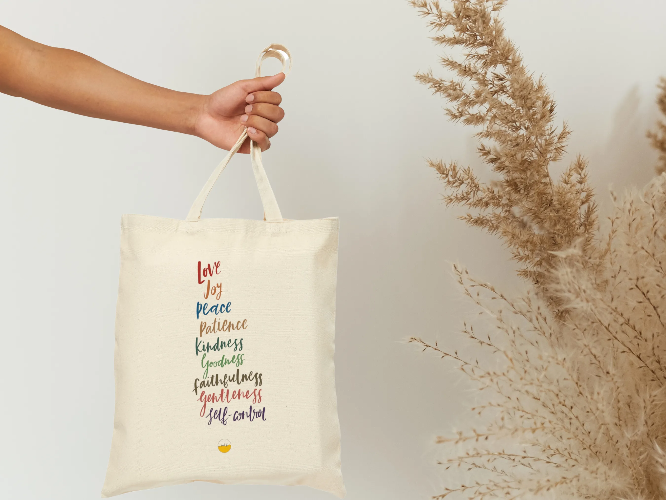 Fruit of the Spirit Hand lettered Cotton Canvas Tote Bag, Galatians Bible Verse Bag