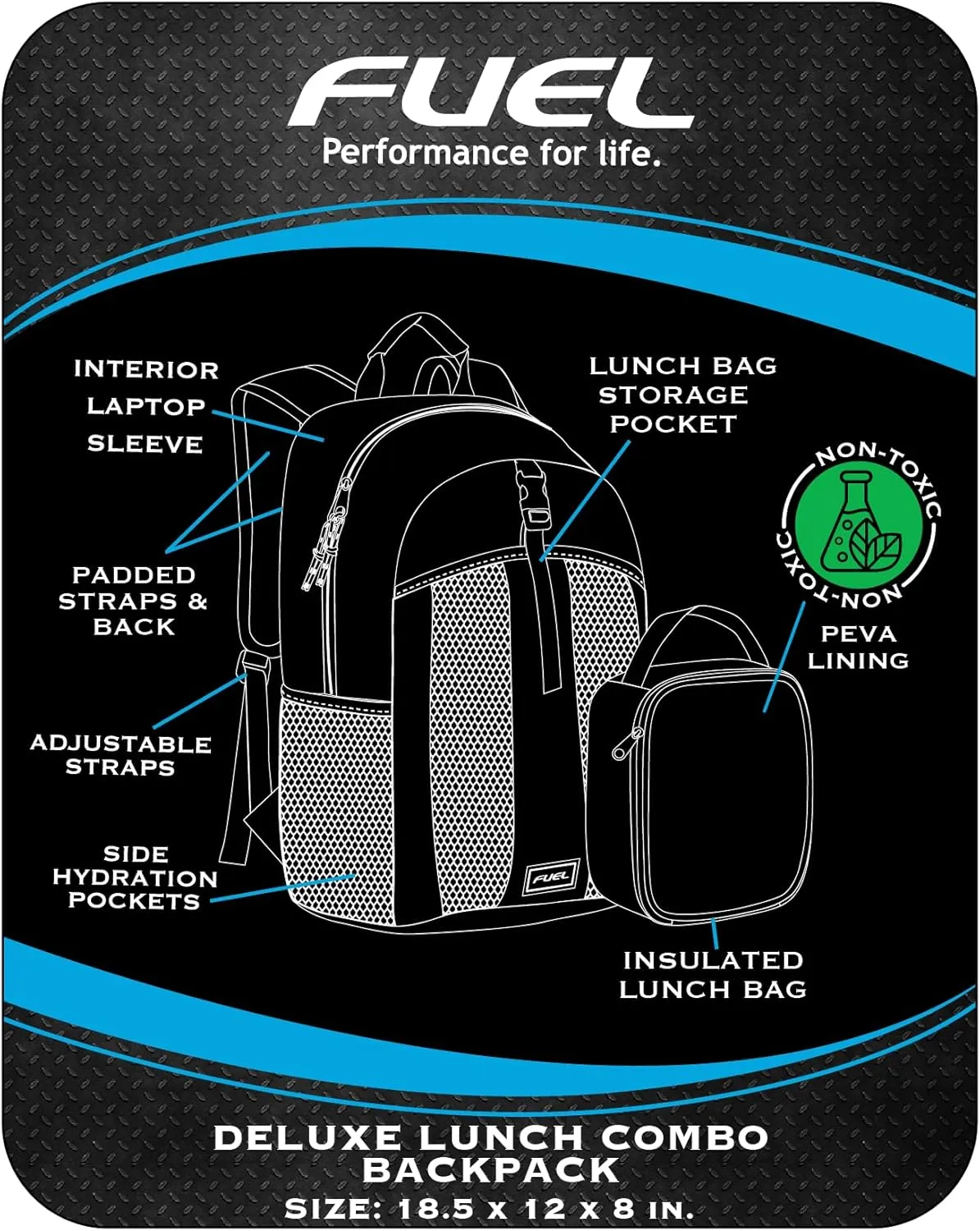 FUEL Lunch Backpack Set Water Resistant Dome Bookbag Bag Soft Reusable Insulated Cooler Lunch Box Thermal Travel Office Lunch Bag, Orange & Black
