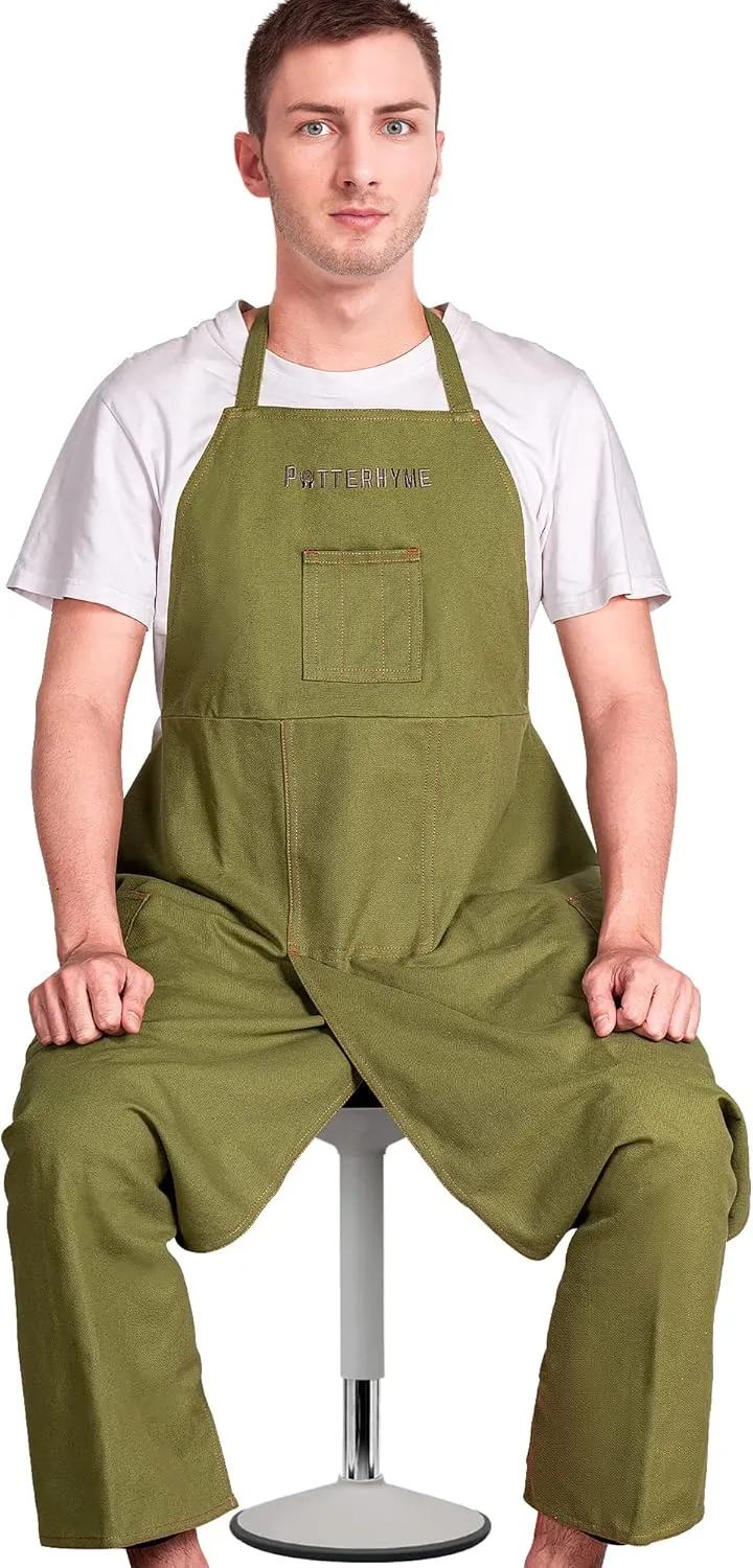 Full Coverage Pottery Apron Split Leg - 100% Cotton Canvas Potter's & Ceramics Aprons with Pockets for Women & Men