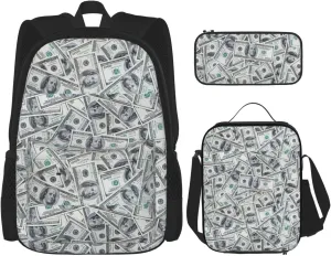 Funny Dollar Money Print Versatile Adjustable Shoulder Fashion Backpack Lunch Bag Pencil Case Large Capacity