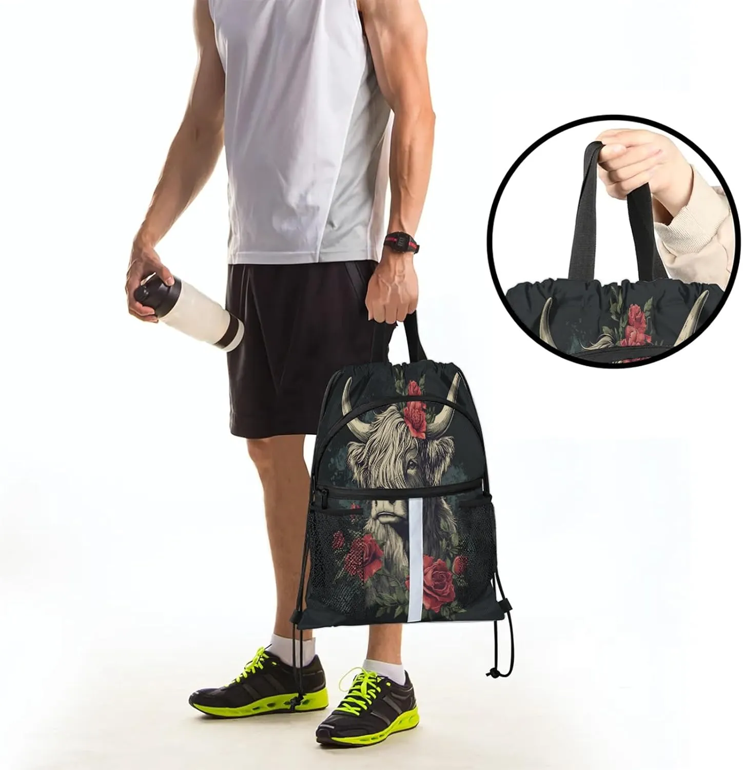 Funny Drawstring Backpack Waterproof Cow Small String Bags Sackpack for Sports, Gym, Travel, Swimming, Beach
