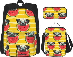 Funny French Bullfighting Watermelon Print 3 In 1 Backpack Set With Lunch Bag And Pencil Case,Suitable Work,Picnic,Travel