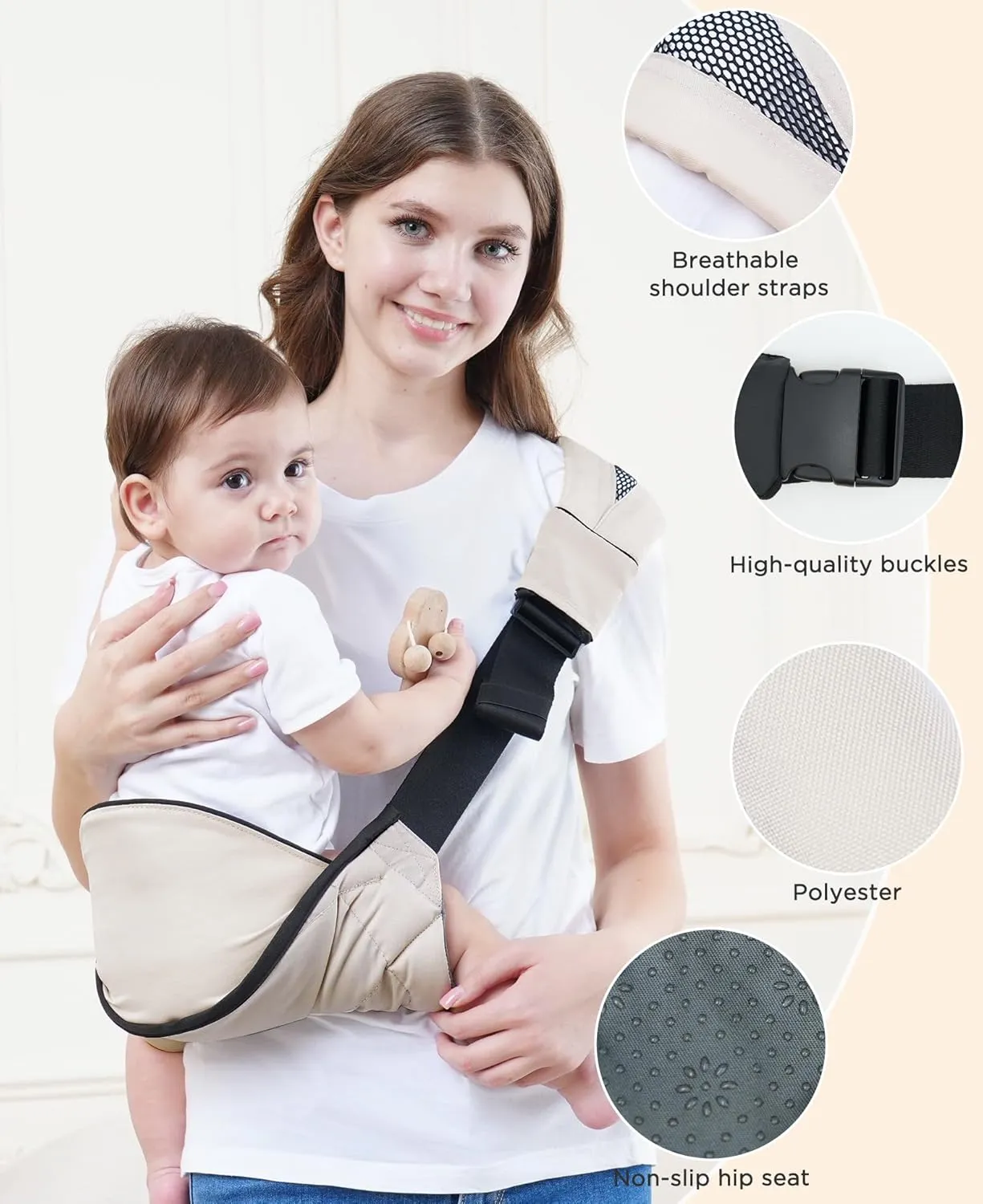 GAGAKU Toddler Carrier Adjustable Padded Sling Portable Ergonomic Baby Holder Carrier with Non-Slip Seat for 6-36 Months Infants & Toddlers (14-35 lbs)-Cream