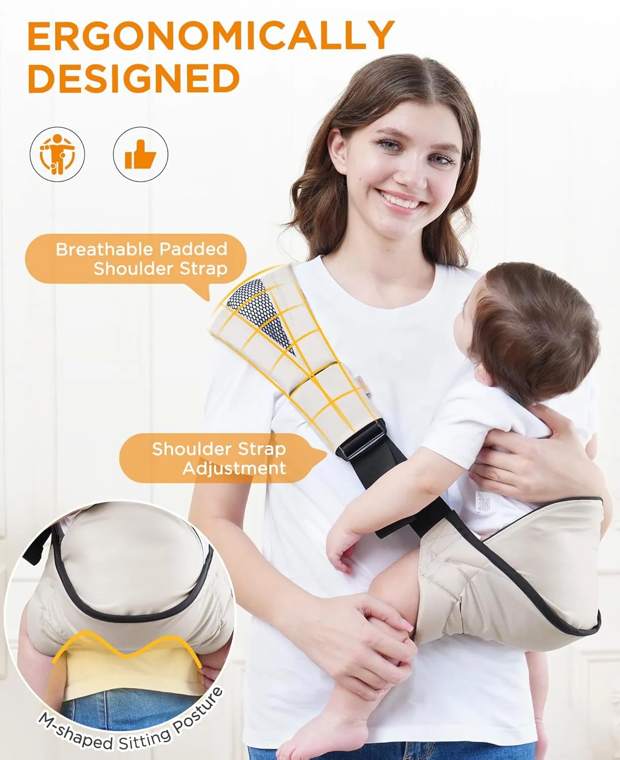 GAGAKU Toddler Carrier Adjustable Padded Sling Portable Ergonomic Baby Holder Carrier with Non-Slip Seat for 6-36 Months Infants & Toddlers (14-35 lbs)-Cream