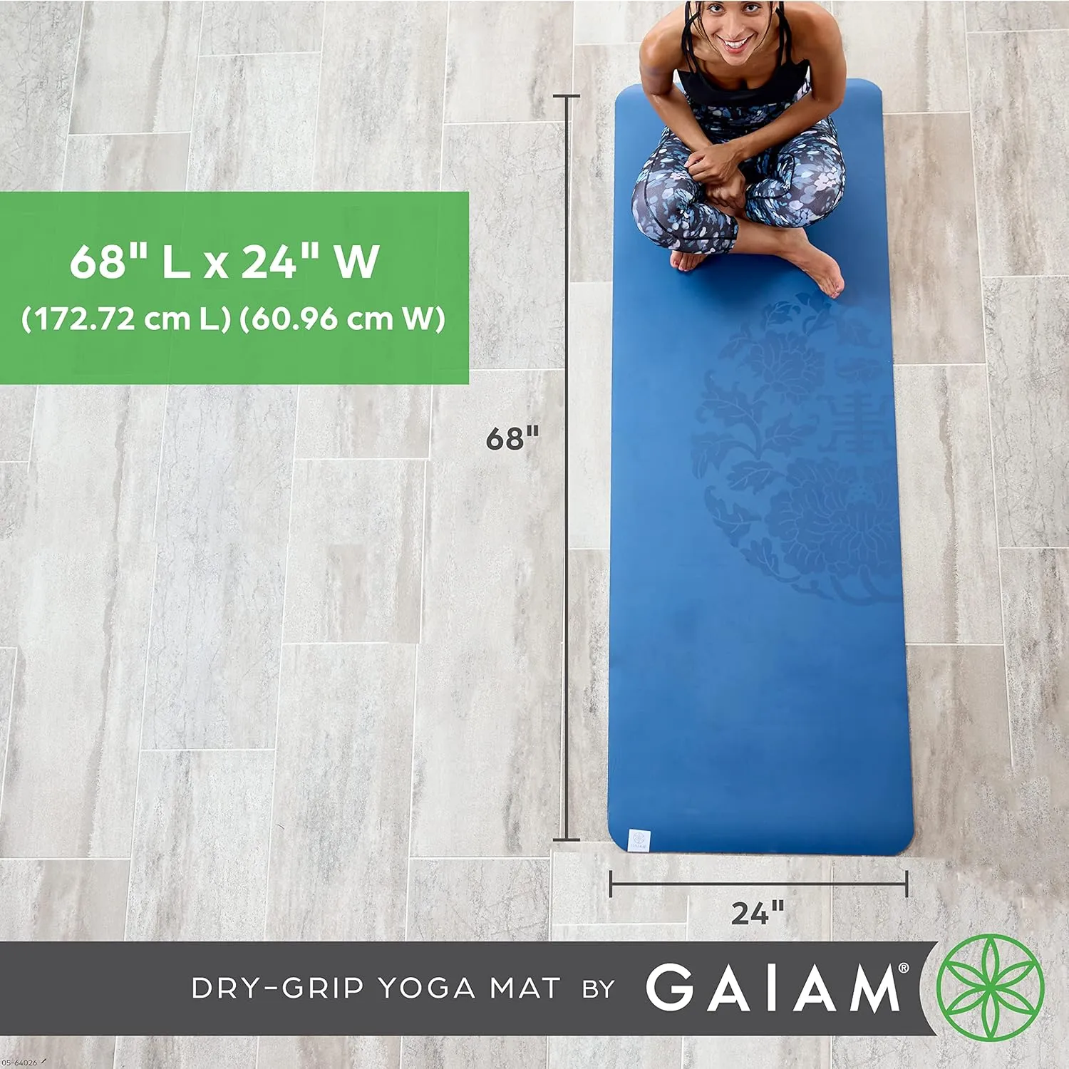 Gaiam Dry-Grip Yoga Mat - 5mm Thick Non-Slip Exercise & Fitness Mat for Standard or Hot Yoga, Pilates and Floor Workouts - Cushioned Support, Non-Slip Coat - 68 x 24 Inches